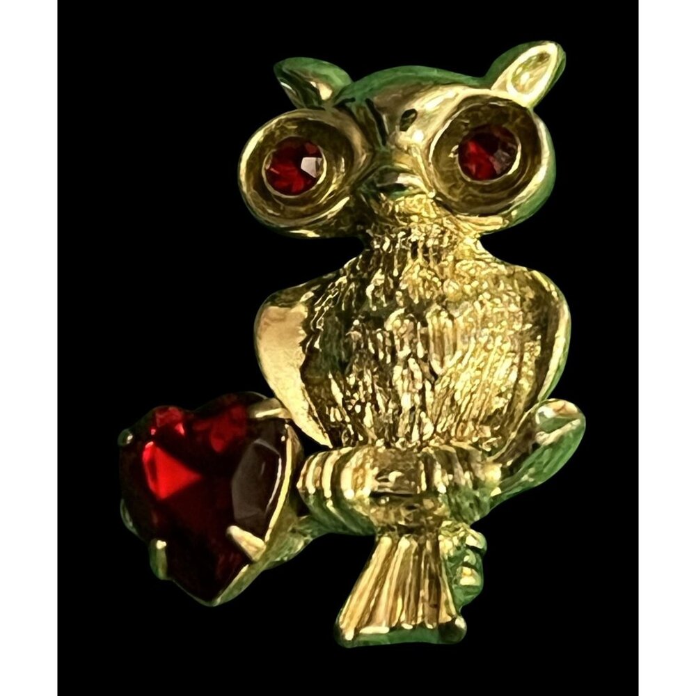 Vintage Gold-Tone Owl Brooch With Red Rhinestone Eyes & Heart Accent - 1.25 Inch